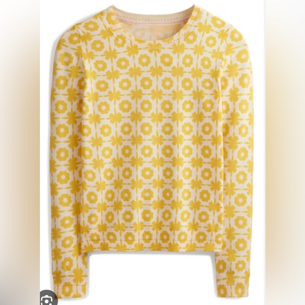 Boden Yellow and Cream Floral-Pattern Crew Neck Sweater